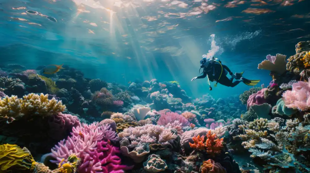 Scuba diver exploring colourful coral reefs during diving in Marsa Alam, one of the best diving destinations in Egypt.