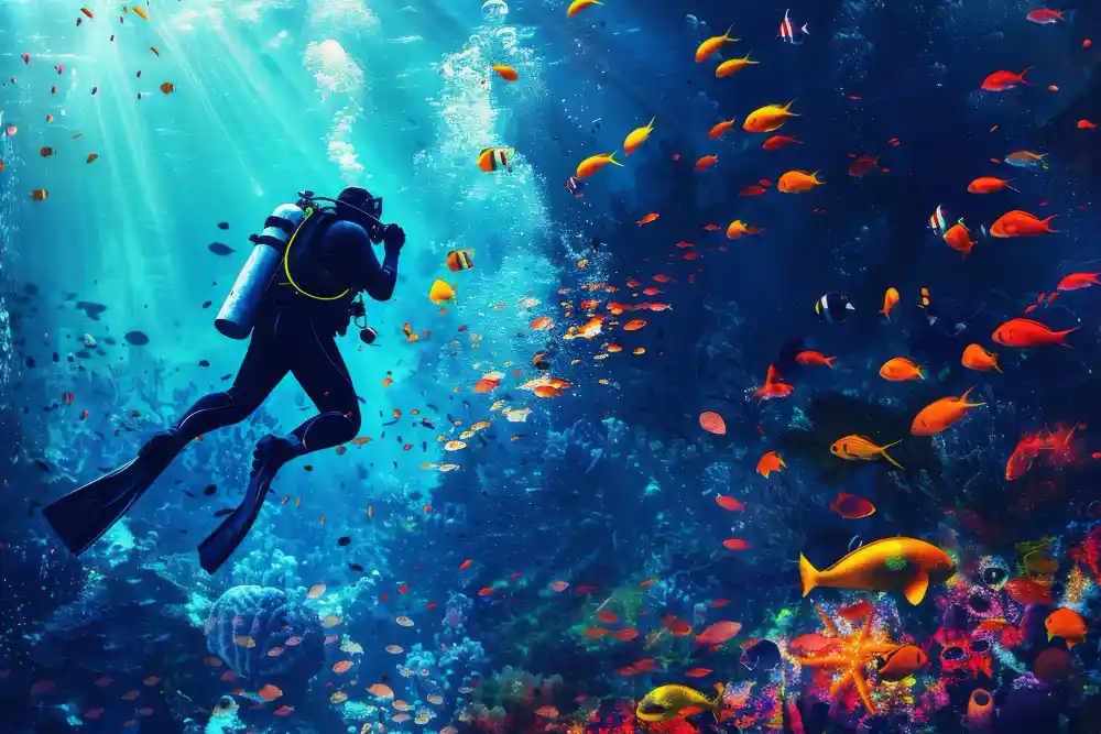 Diver surrounded by tropical fish while enjoying diving in Red Sea near Marsa Alam's vibrant underwater reefs